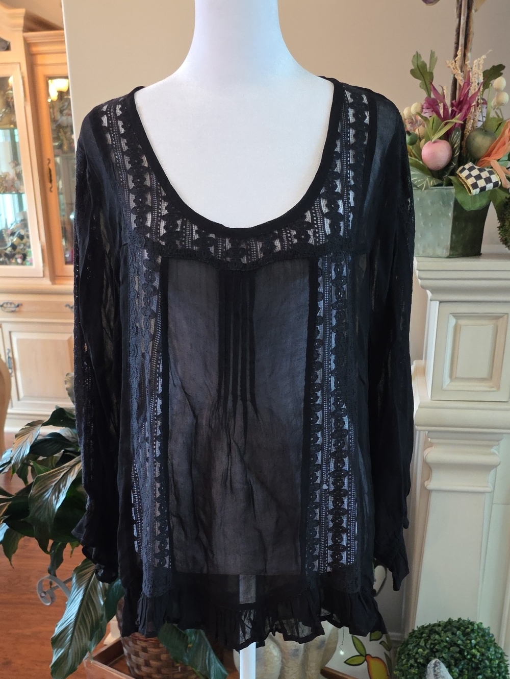 Cost Plus World Market Black Sheer Lace-Trim Blouse